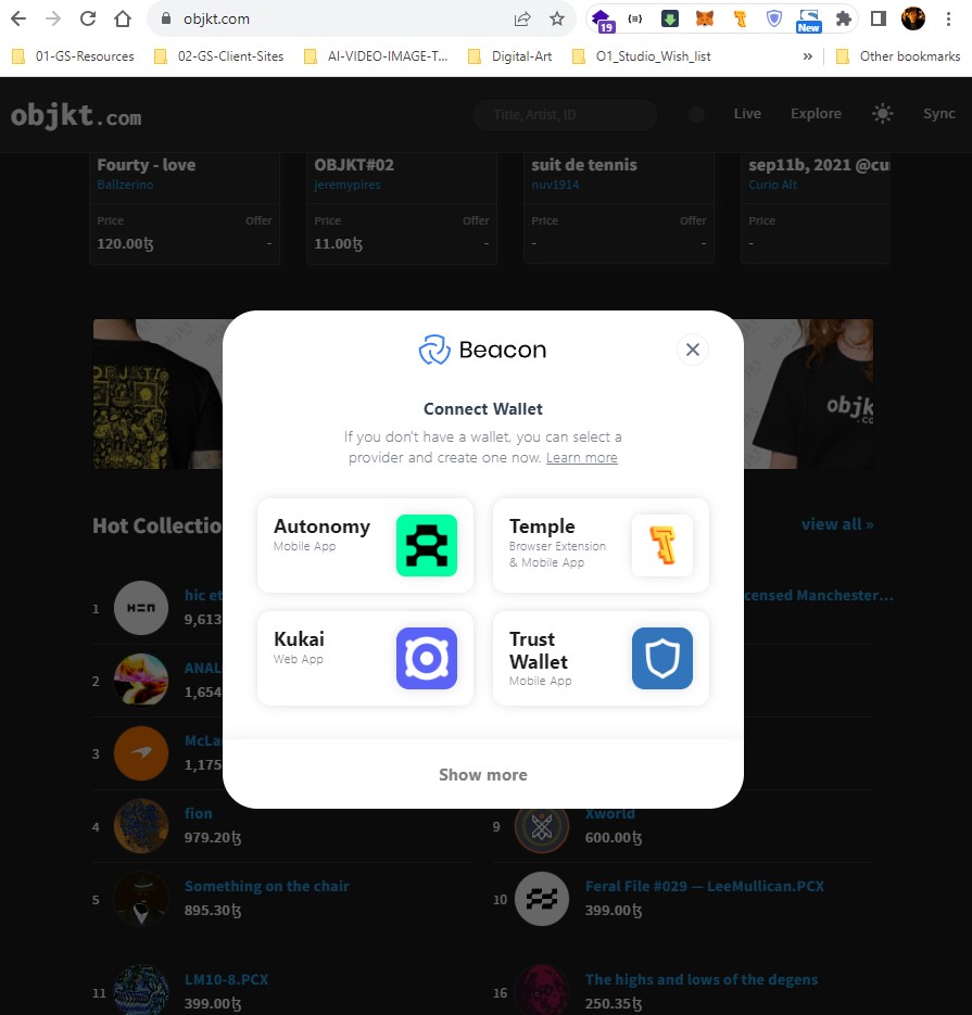 Sync your wallet and authorize Tezos NFT websites to use it.